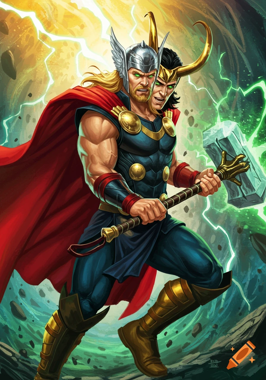Comic art of a figure combining Thor and Loki, holding Mjolnir with lightning.