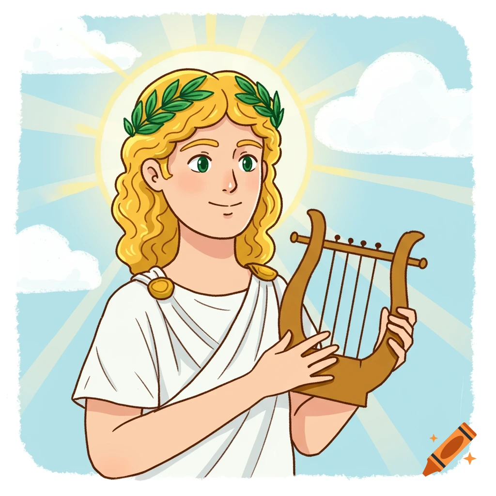 A cartoon illustration of the Greek god Apollo playing a lyre under a sun.