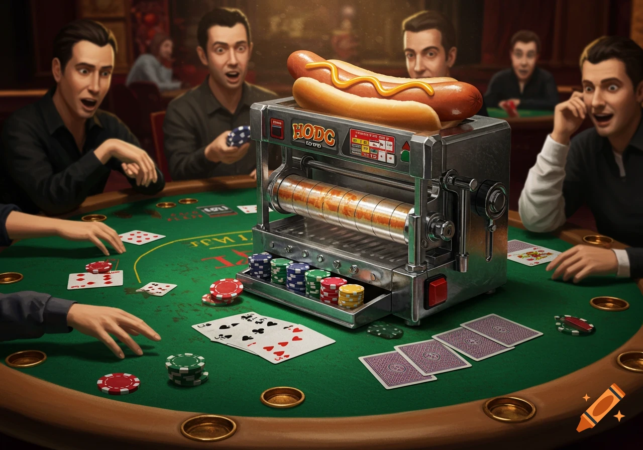 People play poker at a table with a hotdog roller machine in the center.