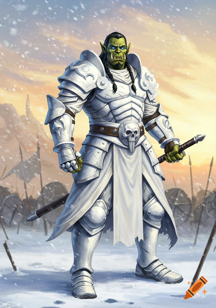 A green-skinned orc warrior in ornate white armor stands in a snowy landscape with flags and shields in the background.