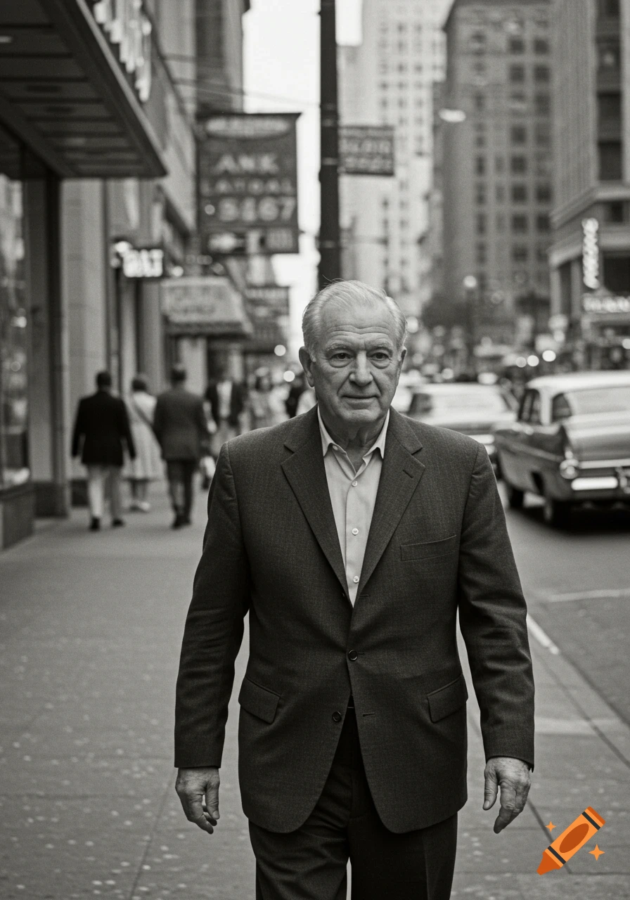 A grayscale photo of an older man in a suit walking on a city street.