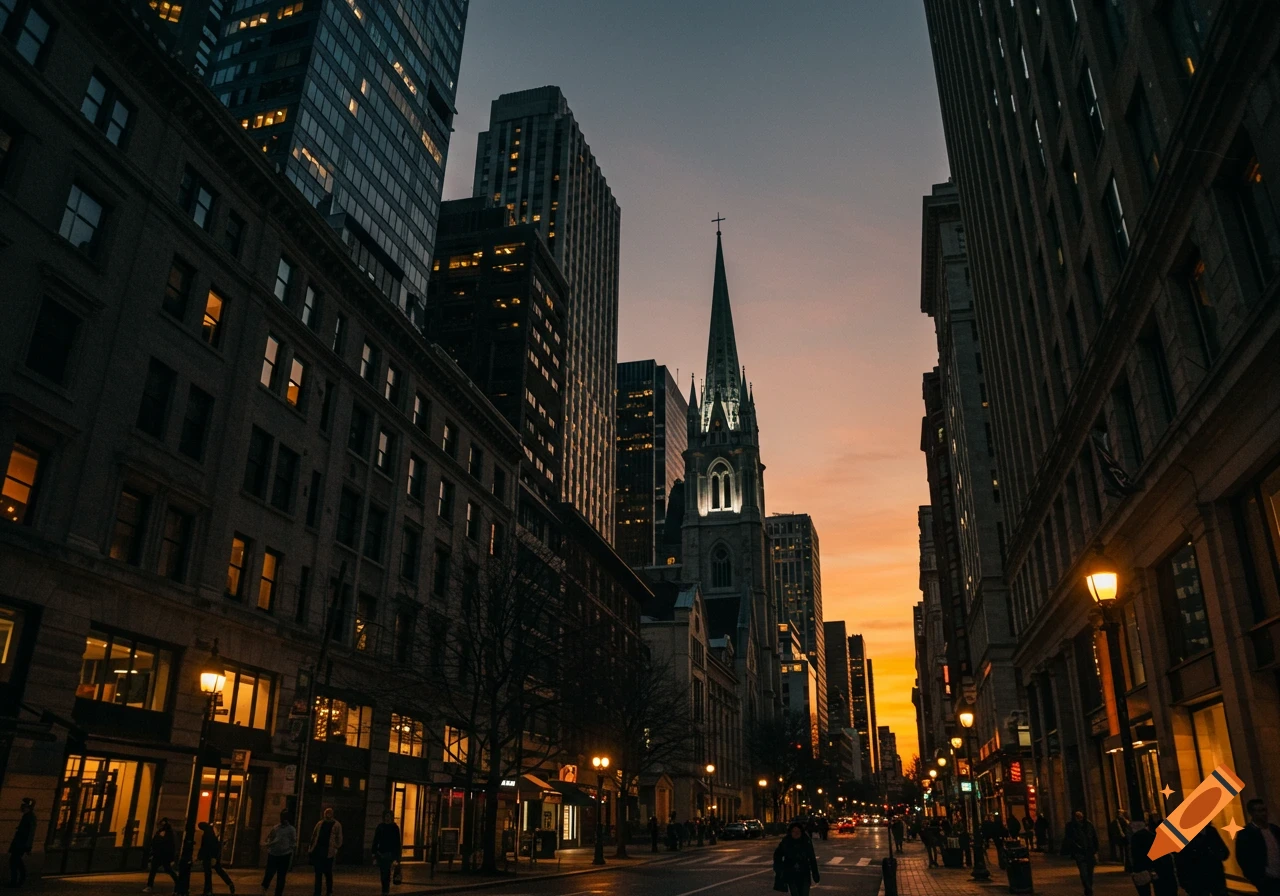 A city street lined with tall buildings and a church steeple against a sunset sky.