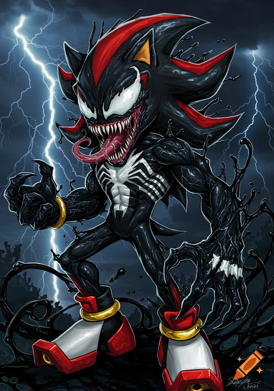 Shadow the Hedgehog fused with Venom stands against a lightning storm.