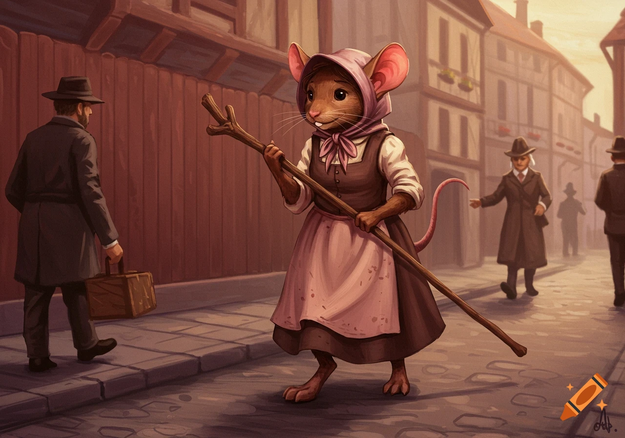An anthropomorphic brown mouse in a dress and headscarf walks down a street holding a long stick.