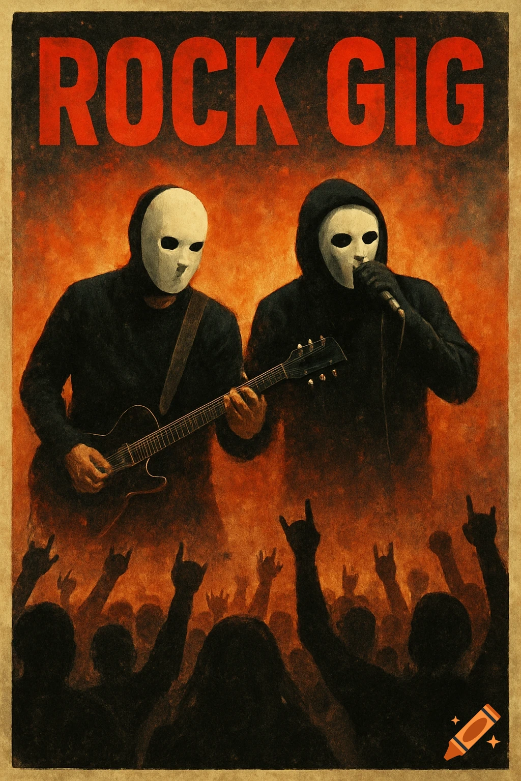 Poster art shows two masked figures, a guitarist and a singer, performing for a silhouetted crowd doing the rock gesture.