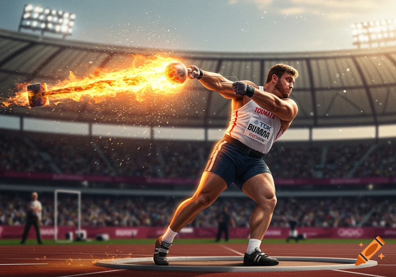 Photorealistic image of an athlete throwing a flaming hammer in a stadium