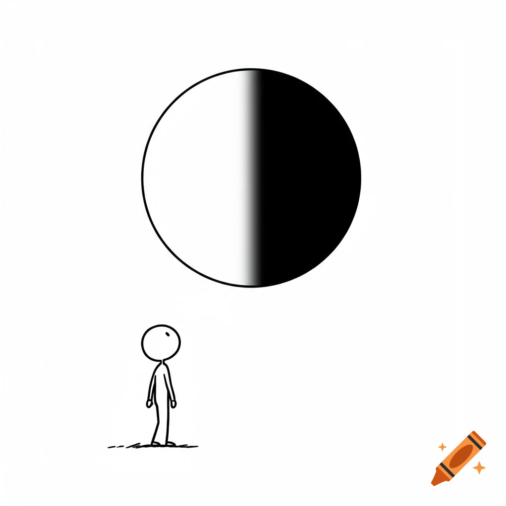 A simple stick figure stands looking up at a large circle that is split vertically with a white left side and a black right side.