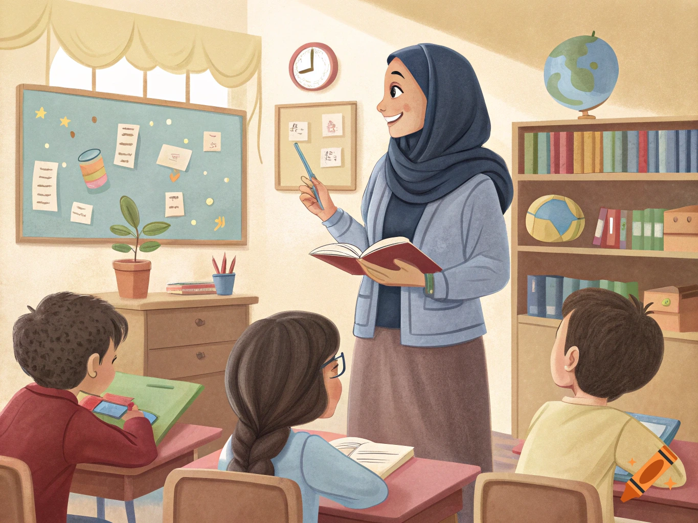 Illustration of a female teacher in a hijab teaching students in a classroom.