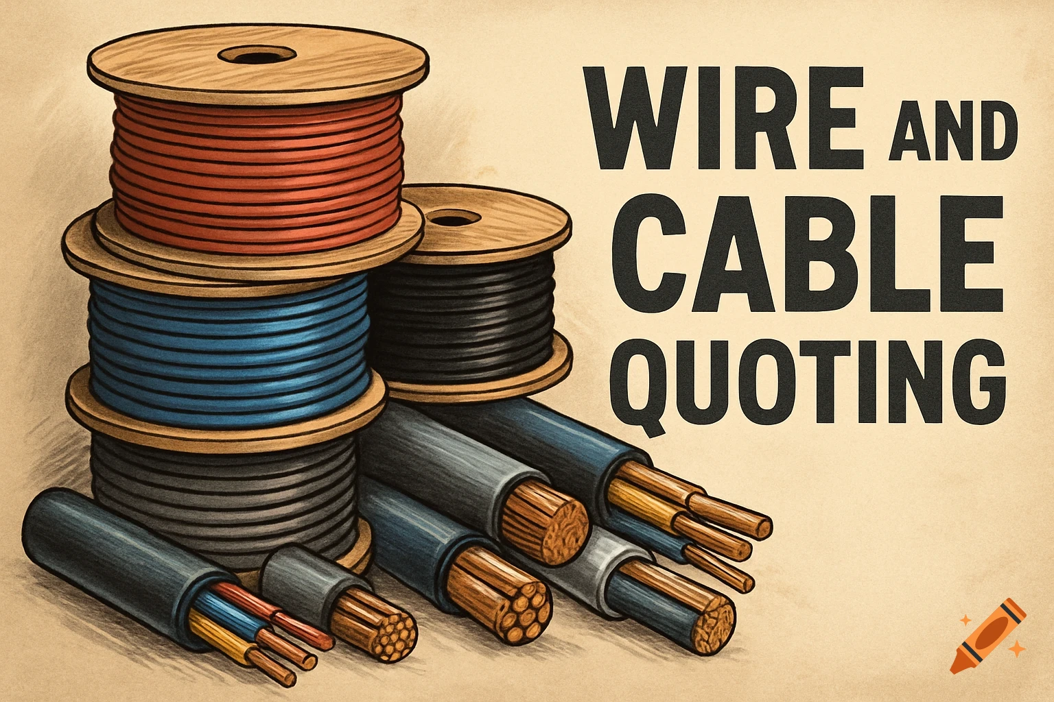 Illustration of spools of red, blue, and black wire next to cut cables showing internal wires. Text reads "Wire and Cable Quoting".