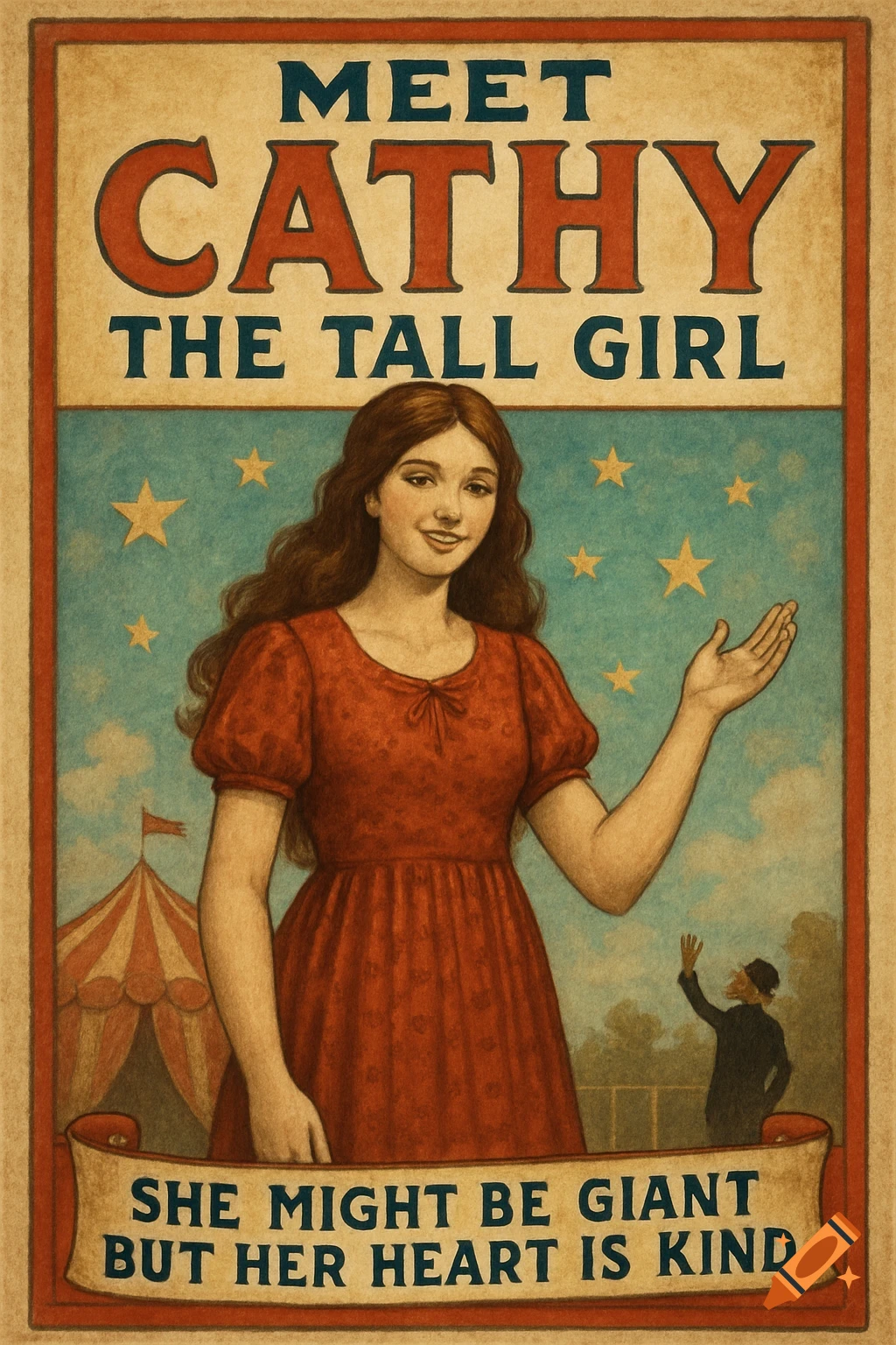 Vintage-style circus poster for Cathy the Tall Girl, featuring a woman and circus tent.