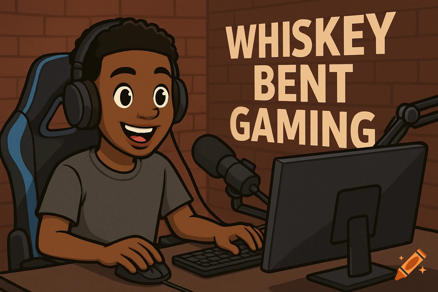 Cartoon of a young Black man wearing headphones, sitting at a gaming computer with a streaming mic.