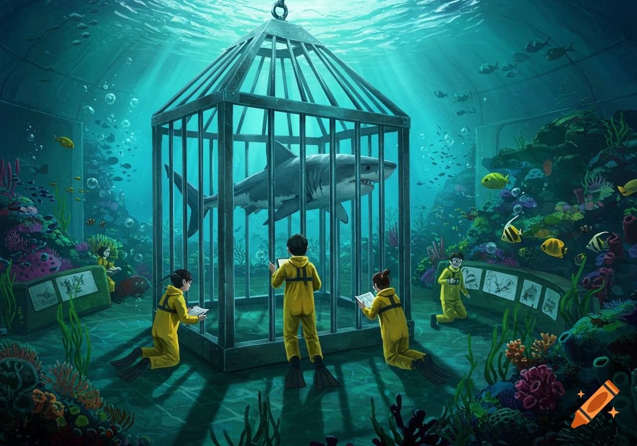 Underwater illustration of divers in yellow suits studying a shark in a cage within an aquarium-like setting.