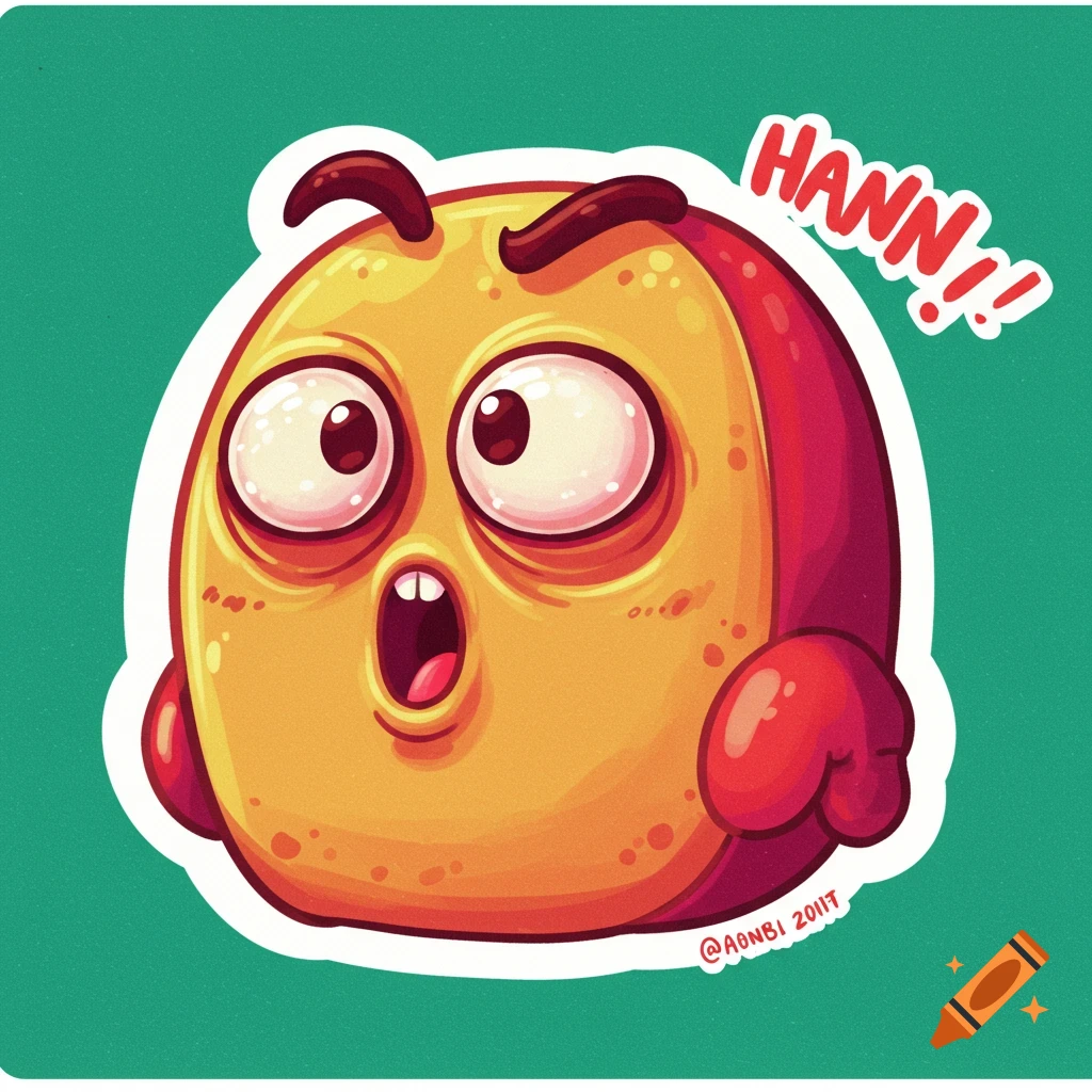 Cartoon sticker of a round character with wide eyes shouting 'HANN!!'