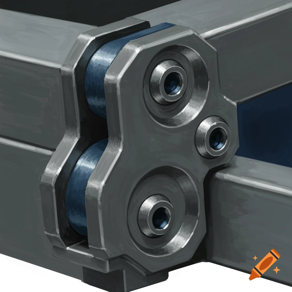 Close-up view of gray metal modular joints with blue cylindrical parts.