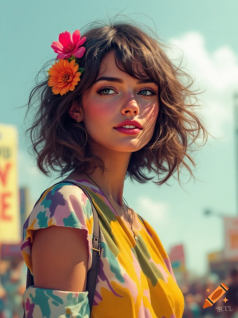 A young woman with short brown hair and flowers in her hair, wearing a colorful dress, looks over her shoulder in an outdoor setting.
