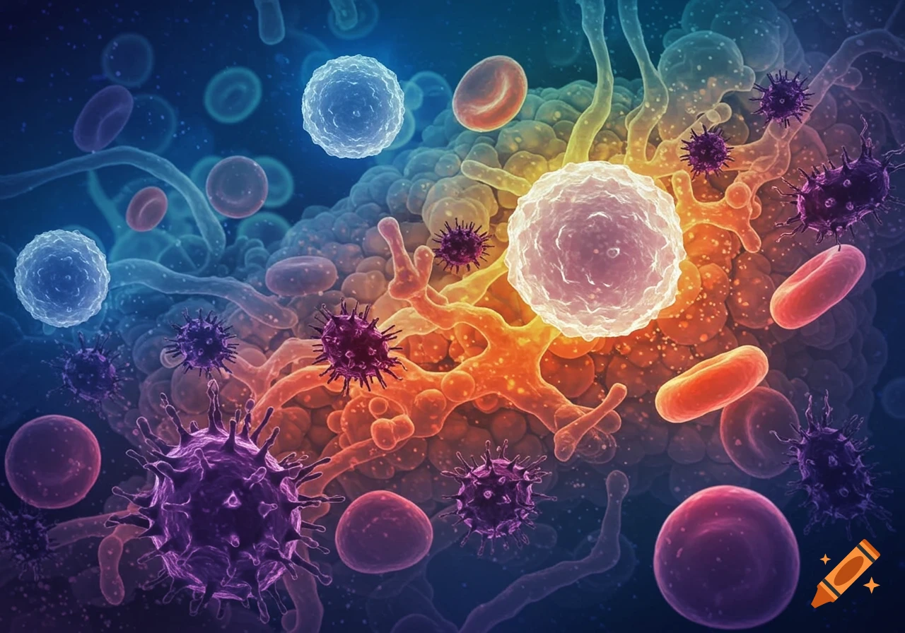 Microscopic view of blood cells, white blood cells, viruses, and organic structures in vibrant colors.