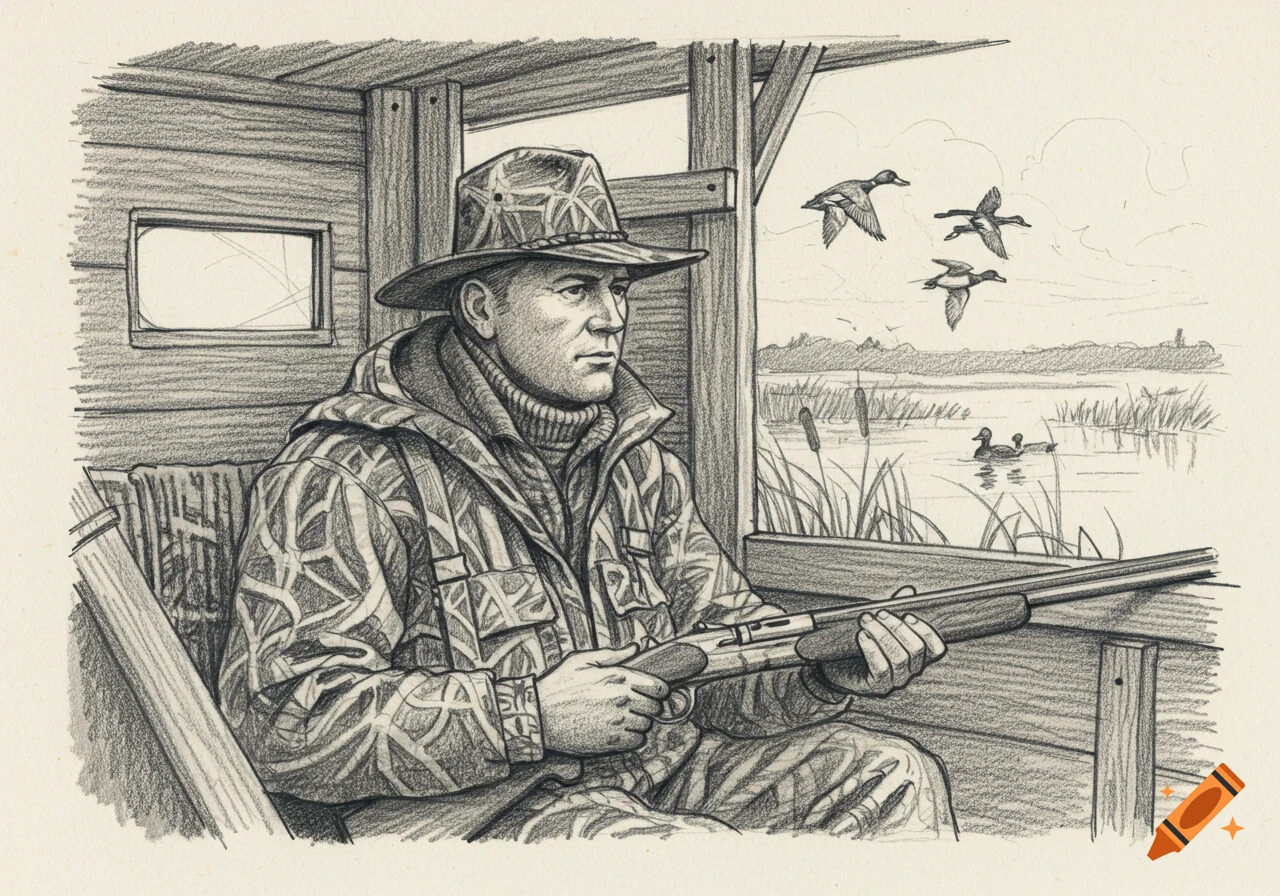Pencil sketch of a duck hunter in a blind with ducks flying and on the water.