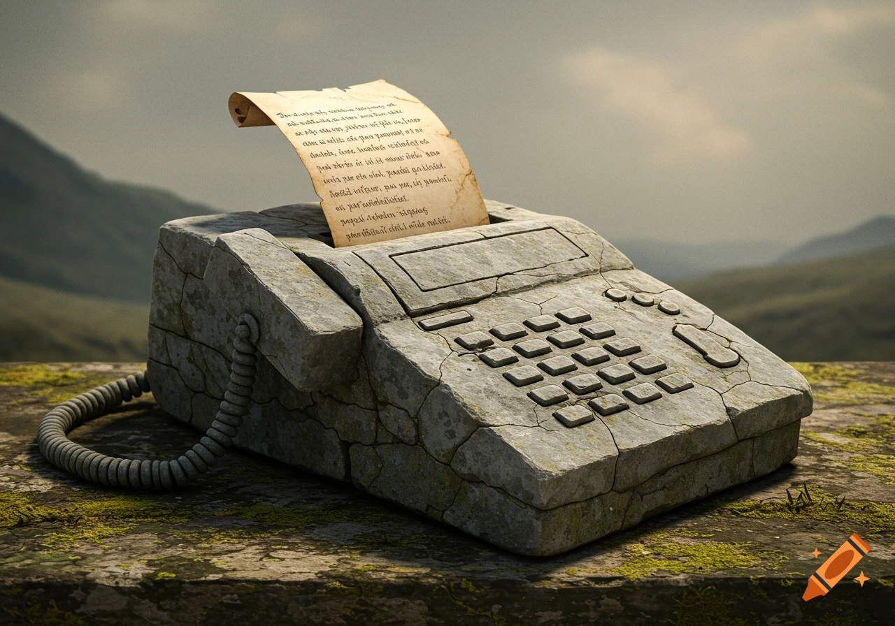 An ancient stone fax machine with paper emerges from a misty landscape.