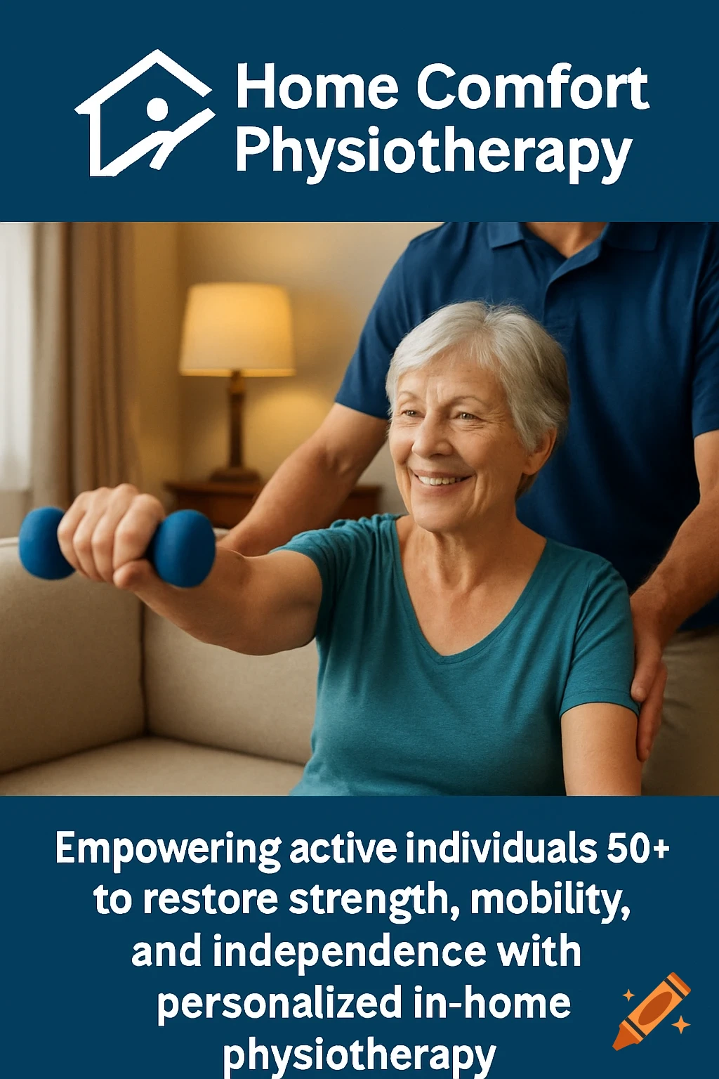 An older woman exercising with dumbbells, assisted by a man, in a home, with overlay text about physiotherapy.
