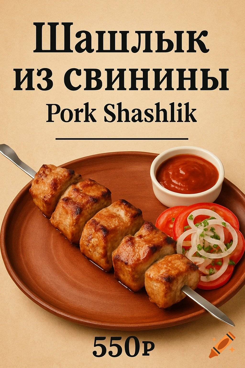 Pork shashlik on a plate with tomato slices, onions, and sauce. Text reads "Pork Shashlik" and "550p".