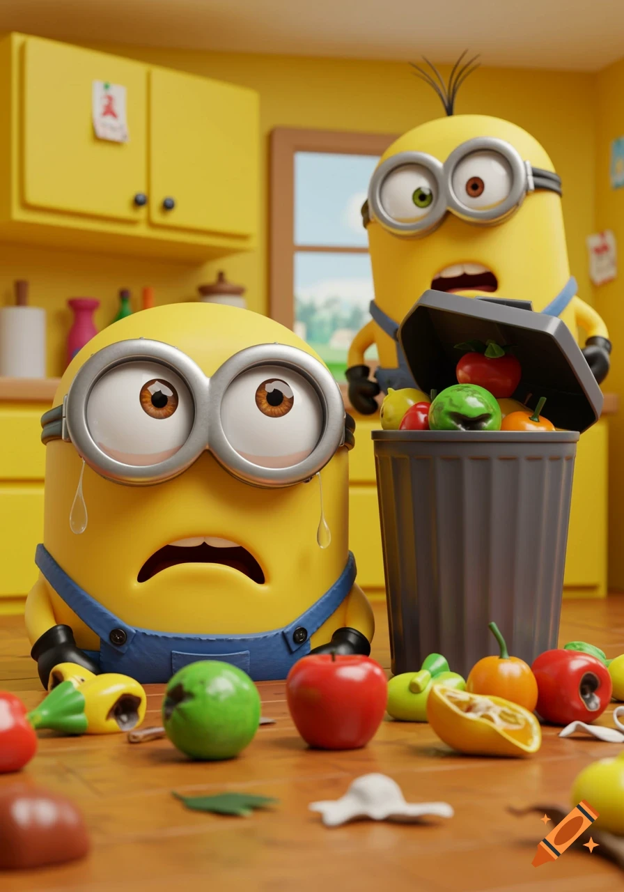 Two Minions in a kitchen, one crying over spilled fruit while the other looks shocked by fruit in a trash can. 3D animation style.