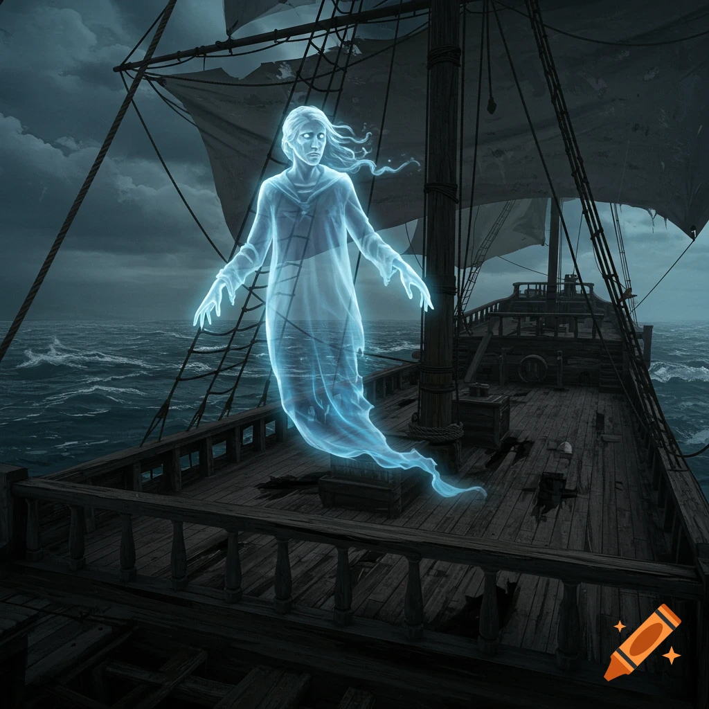 A blue glowing ghost hovers over the deck of a sailing ship at sea under a cloudy sky.
