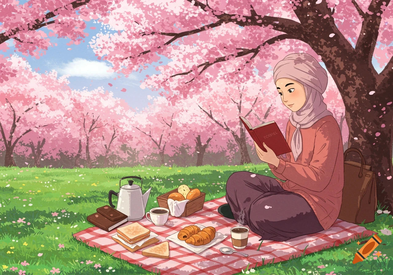 Anime style illustration of a woman in hijab reading a book at a picnic under cherry blossoms.