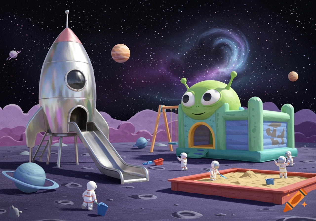 Cartoon illustration of a space-themed playground on the moon with astronauts, a rocket slide, alien bounce house, and sandbox.