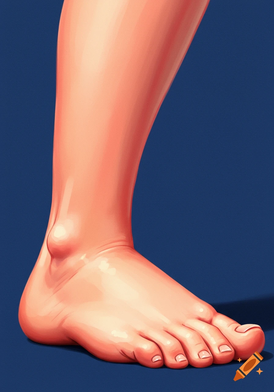 An illustration of a person's leg and foot against a solid blue background.
