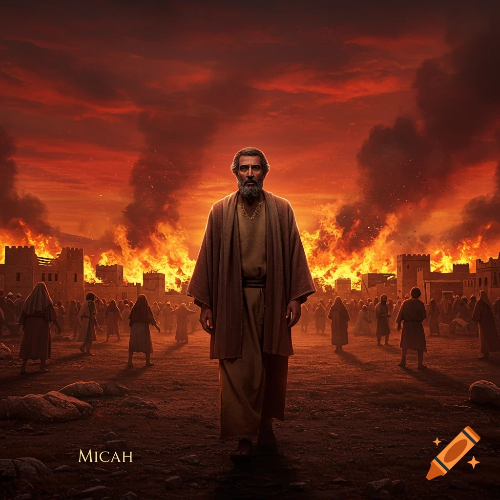 A robed man walks from a burning city with people around him.
