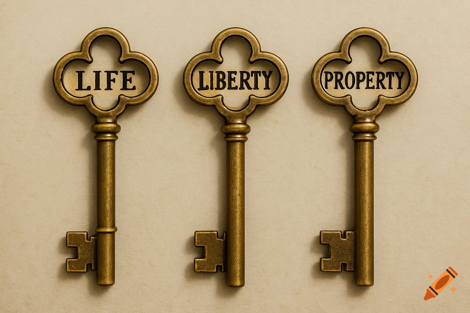 A close-up photo of three antique brass keys labeled LIFE, LIBERTY, and PROPERTY.