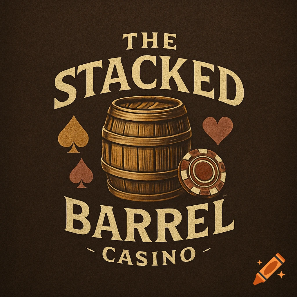 Logo with text 'The Stacked Barrel Casino', a wooden barrel, spade and heart card symbols, and a poker chip.