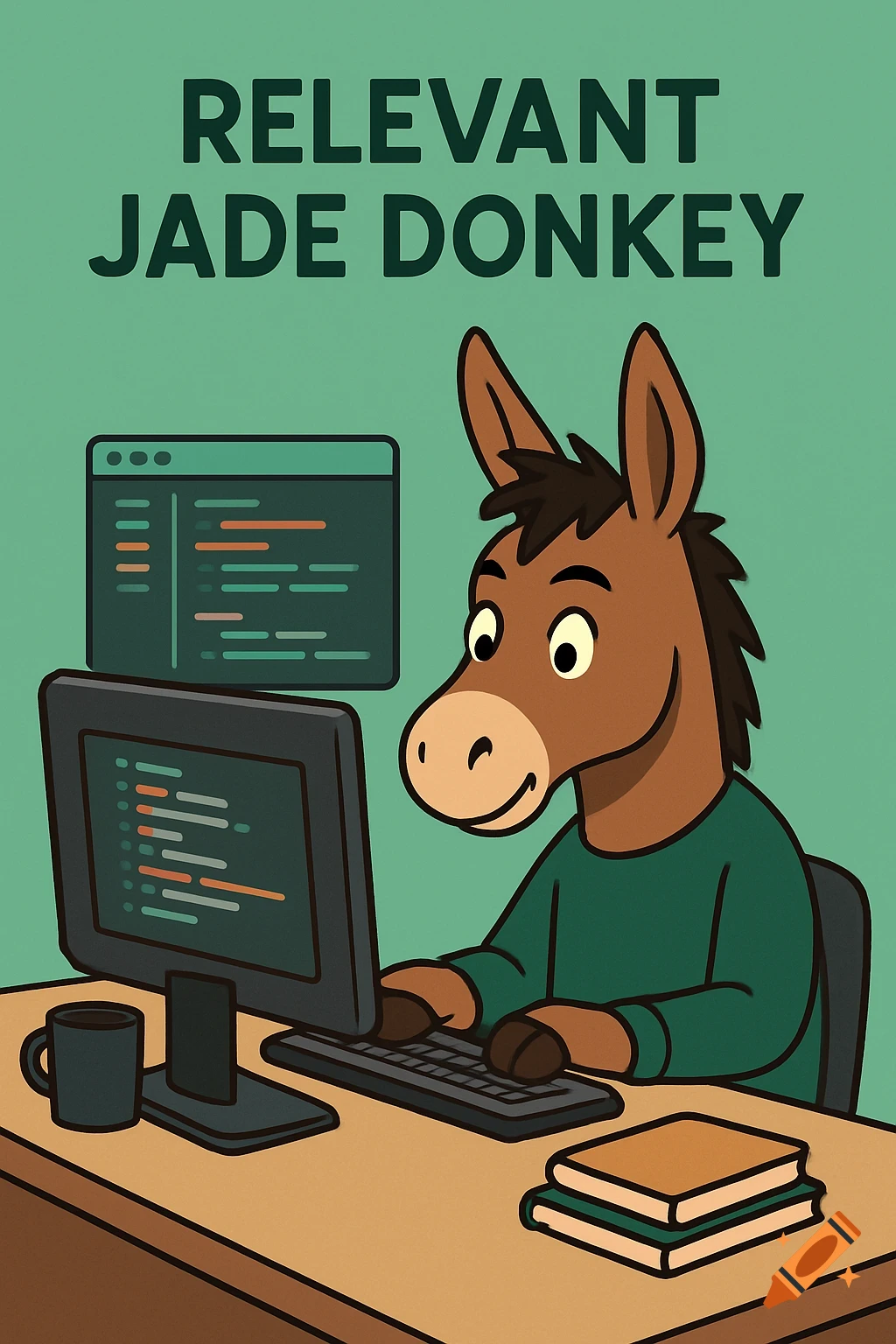 A cartoon donkey sits at a desk typing on a computer with code on the screen, under a large text header.