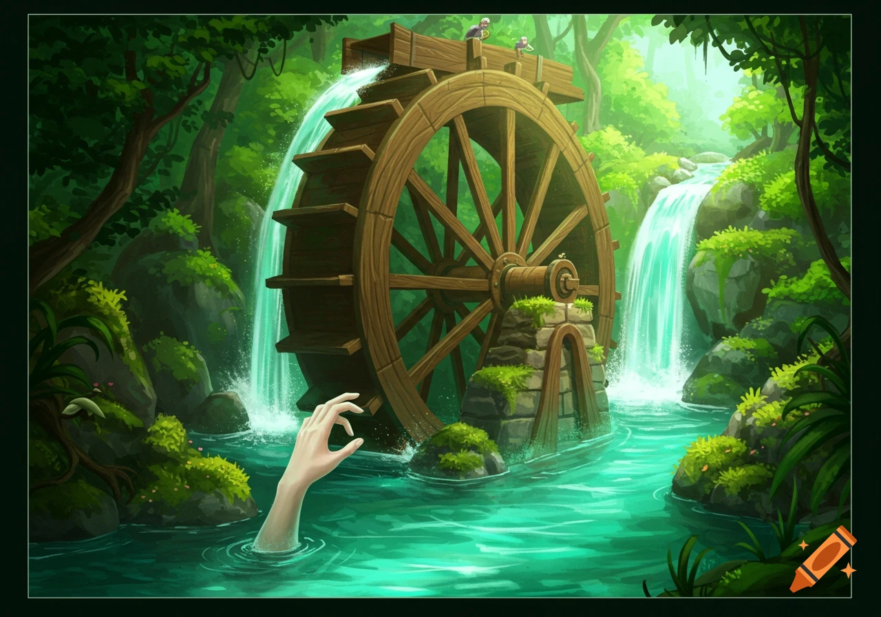 An illustrative image of a hand reaching from the water near a large wooden water wheel in a lush forest with waterfalls.