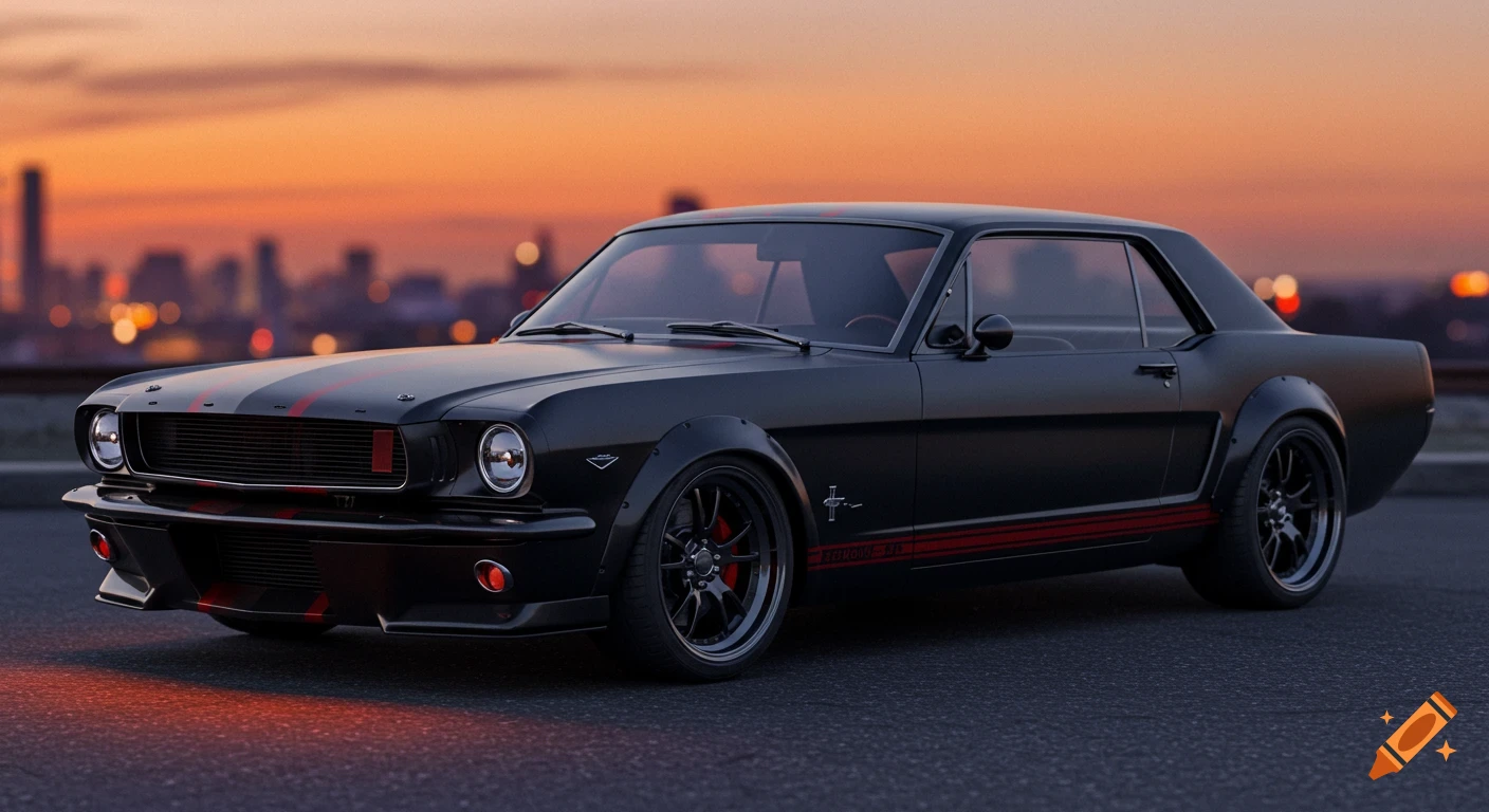 A satin black 1966 Ford Mustang coupe with wide body, glossy black and red racing stripes is parked on asphalt at sunset with a city skyline in the background.