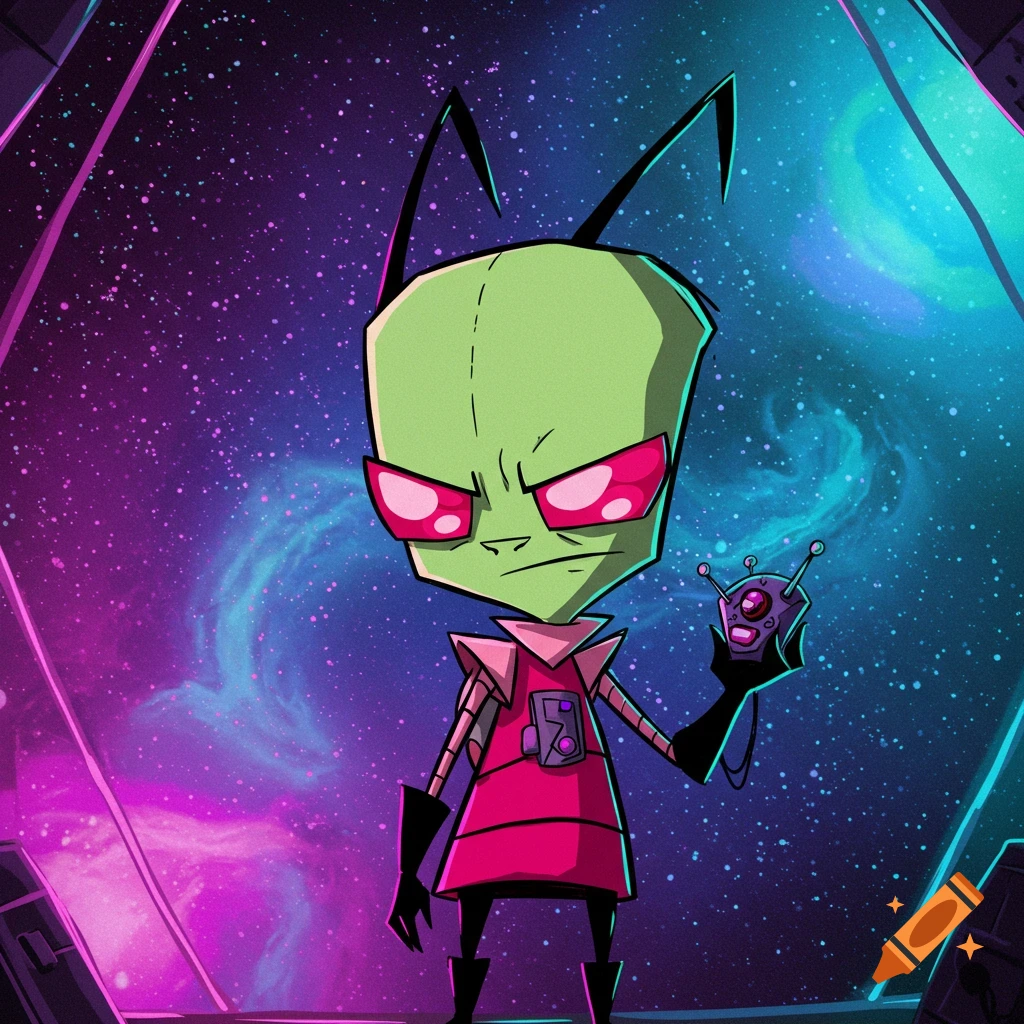 Cartoon alien character Invader Zim holding a device in space.