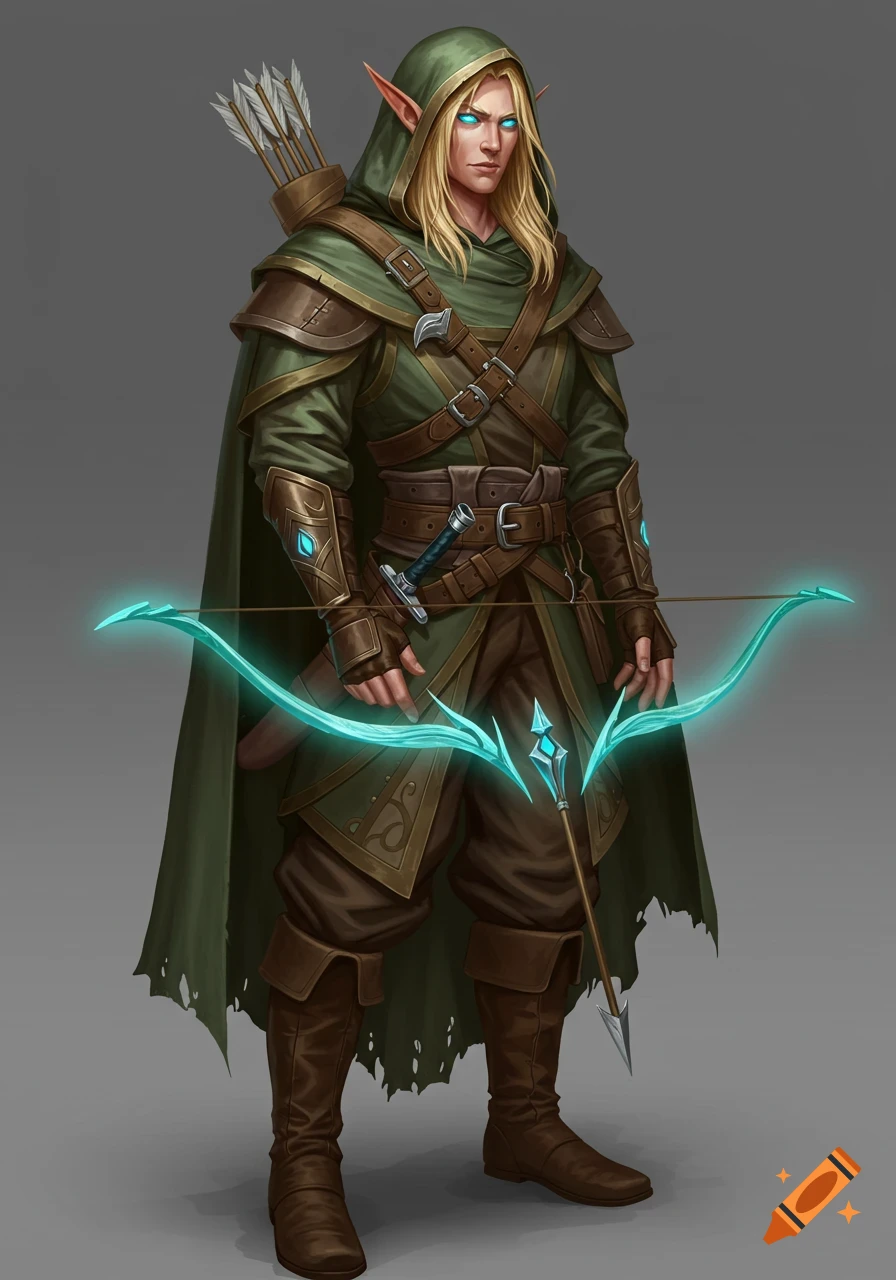 A blonde fantasy elf archer holding a glowing bow