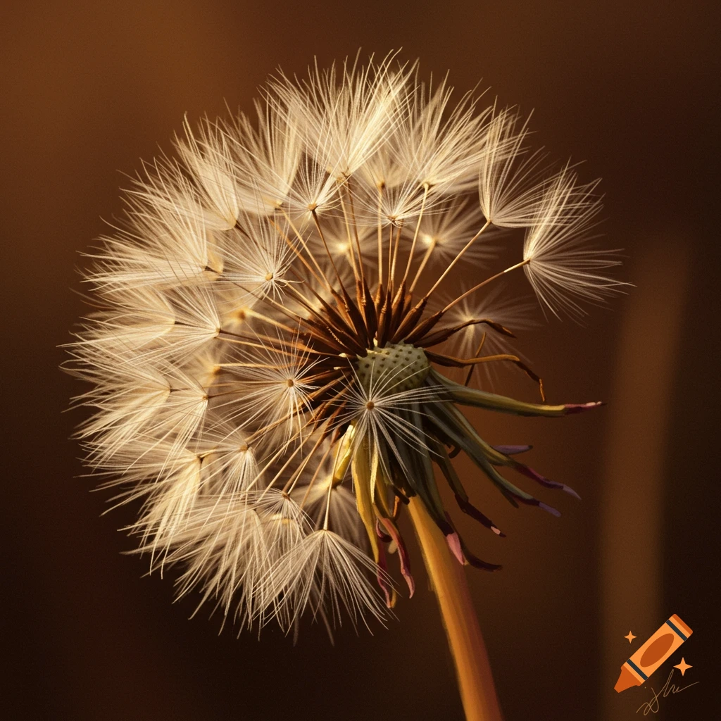 Close-up of a dandelion seed head bathed in soft warm sunlight against a brown background.
