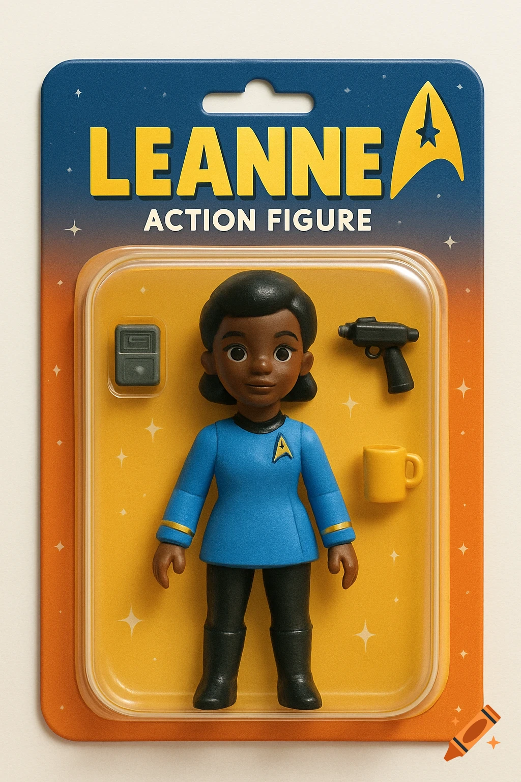 Leanne Star Trek action figure in packaging with accessories.