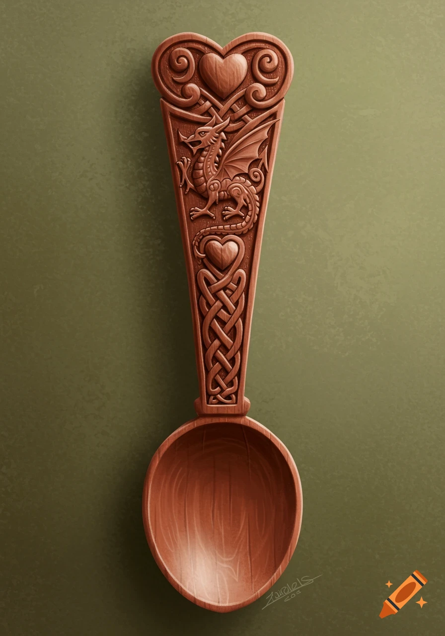 A carved wooden Welsh love spoon featuring a dragon, hearts, and knot work against a green background.