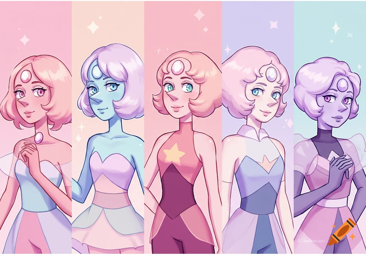 Five cartoon women resembling Pearl from Steven Universe are lined up against pastel backgrounds.