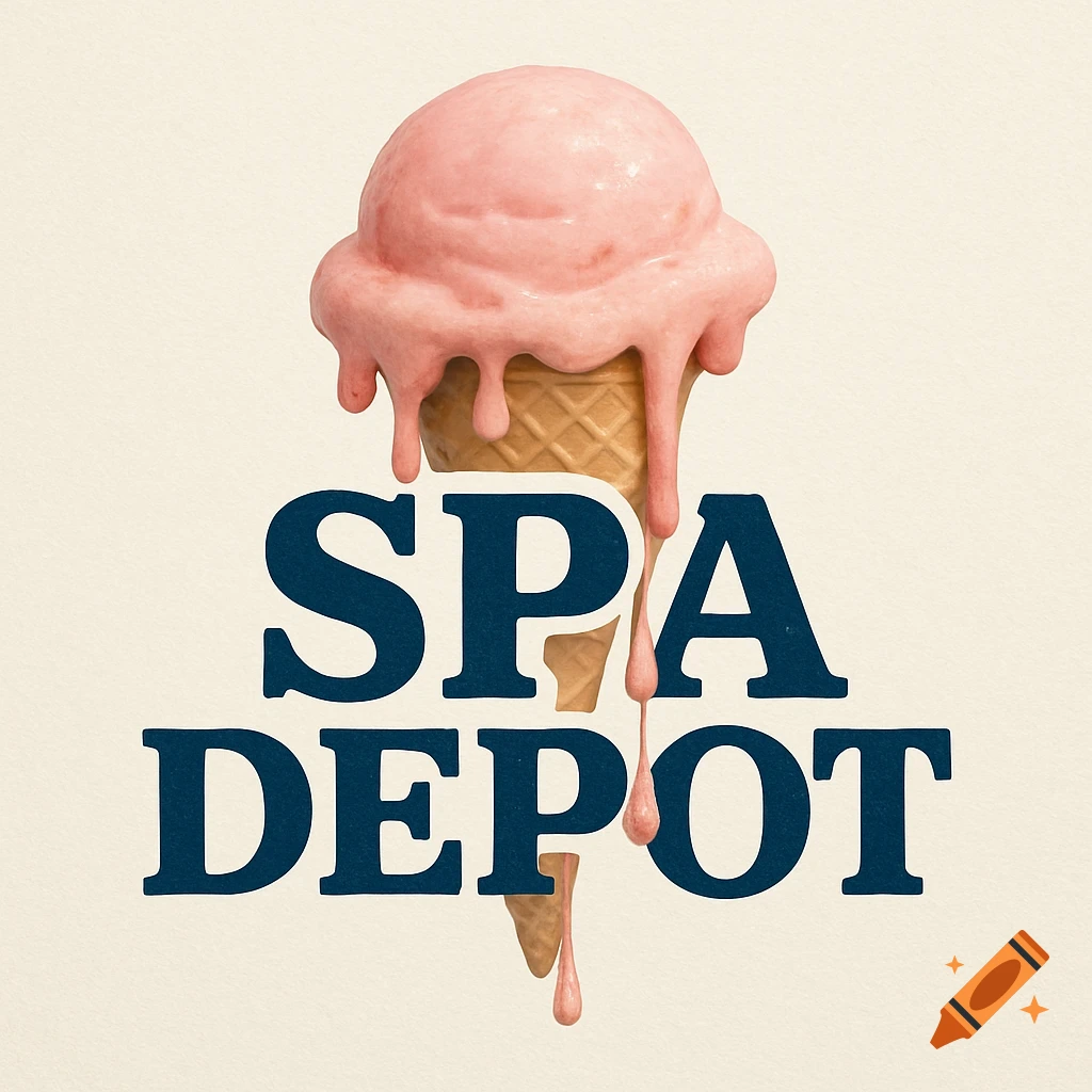 Realistic melting pink ice cream scoop in a waffle cone with large text 'SPA DEPOT' over it.