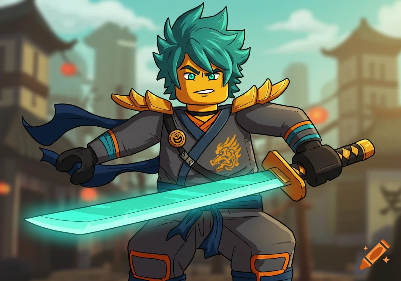 Cartoon Ninjago-style character with green hair, holding a glowing sword.