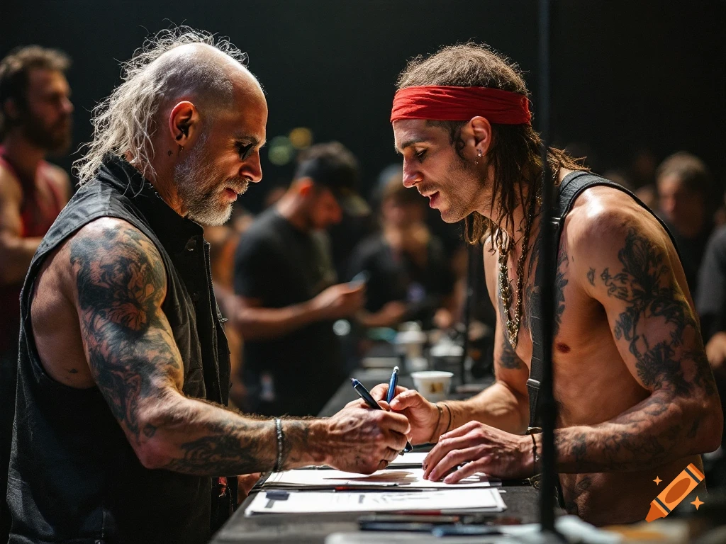 Two musicians signing autographs at a table. Photorealistic style.