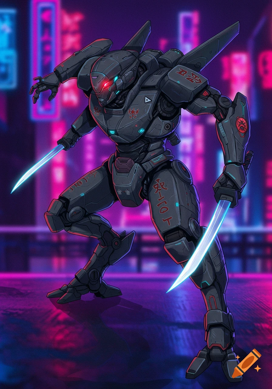 Ninja mech holding glowing swords in a cyberpunk city street.