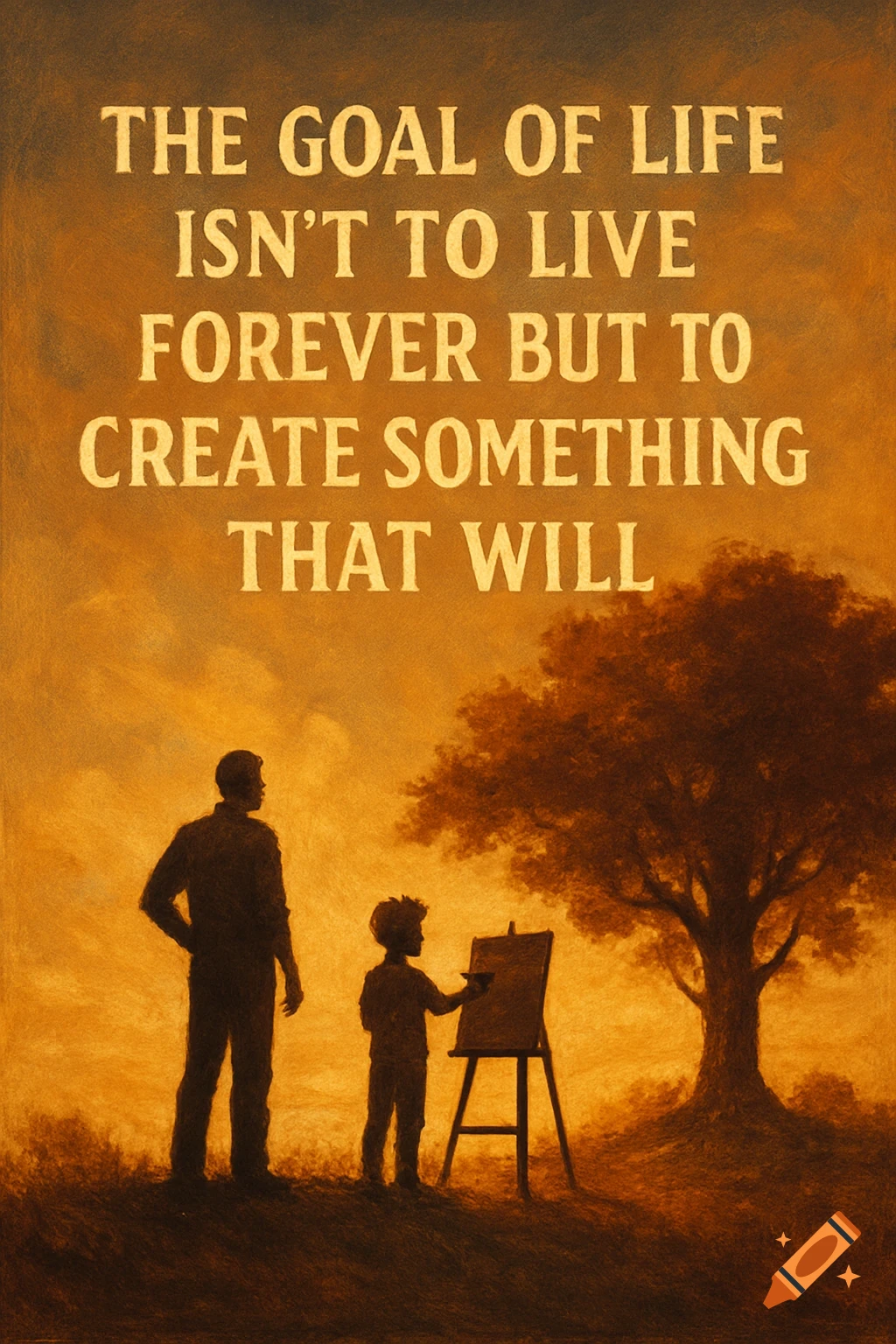 Silhouettes of a man and child painting at sunset with overlaid motivational text.
