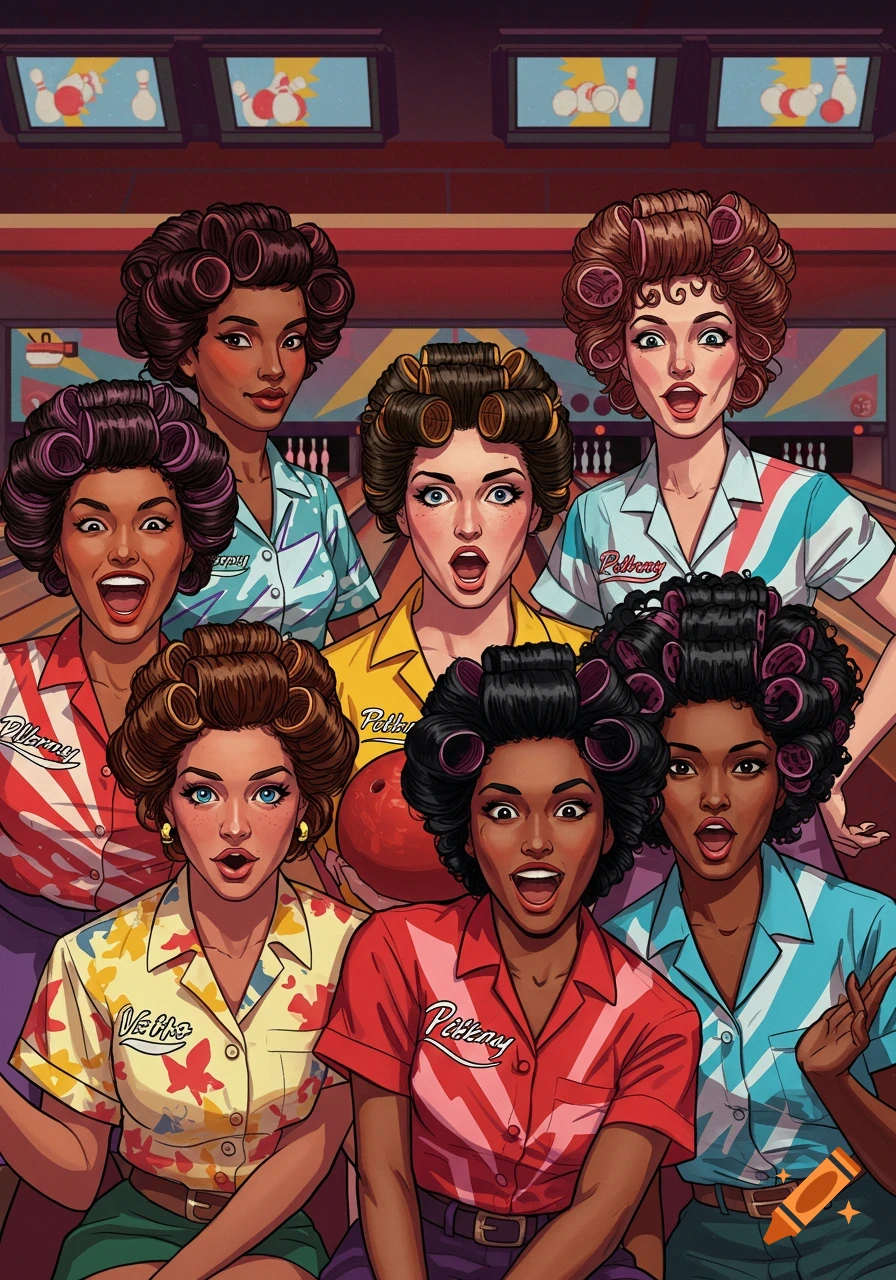 Several women with hair rollers pose in a bowling alley, comic book style.
