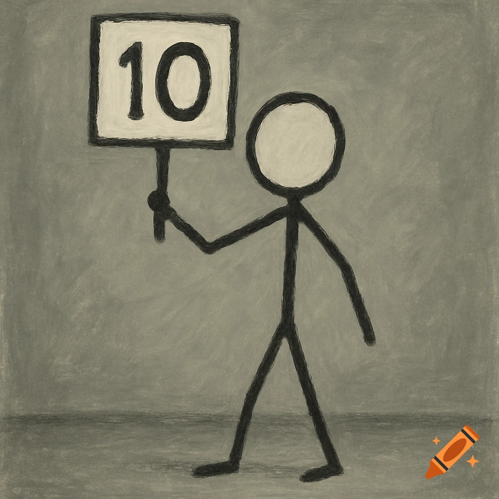 Stick figure holding a sign with the number 10, simple sketch style.