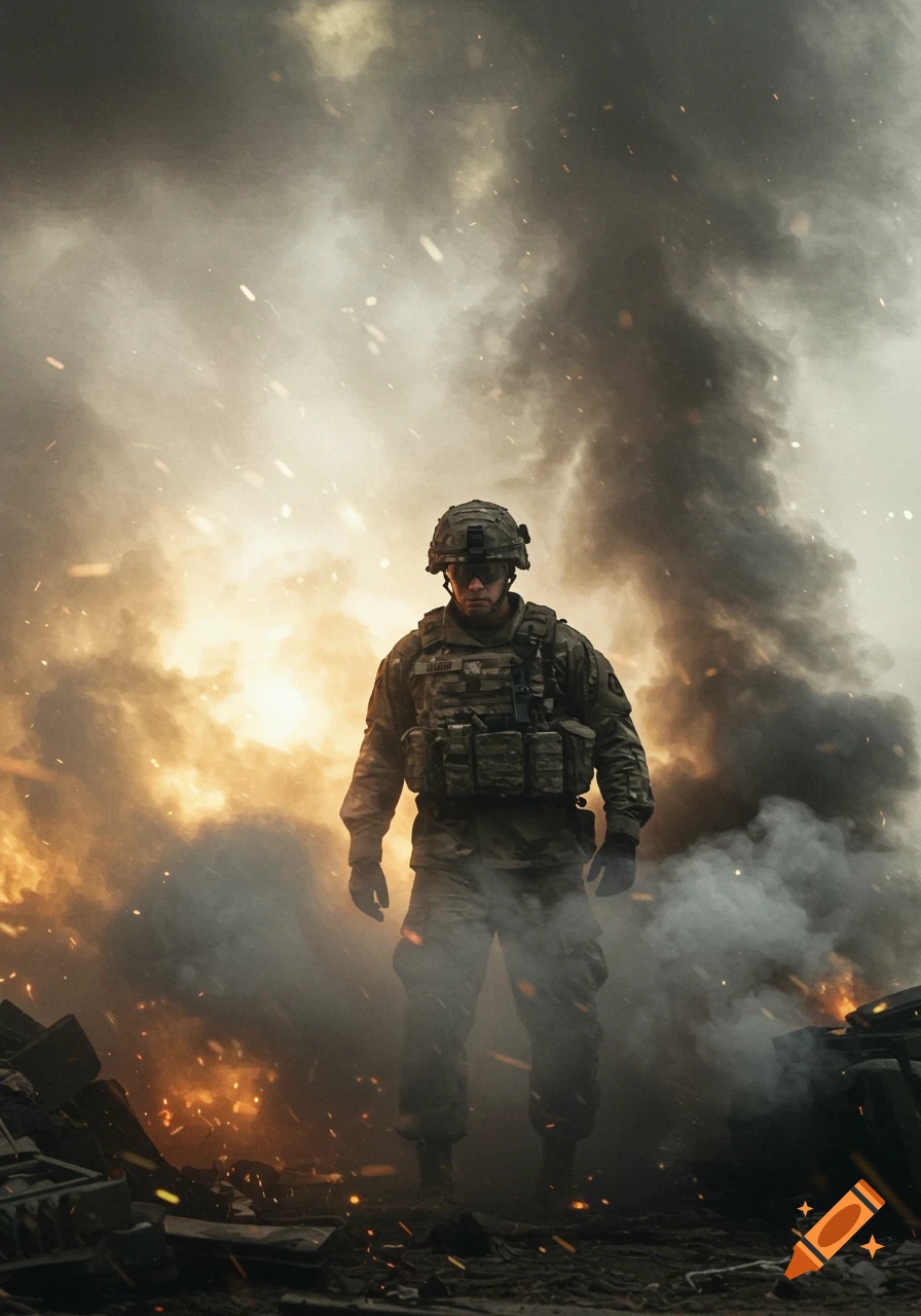 A soldier stands amidst smoke and fire in a destroyed area.
