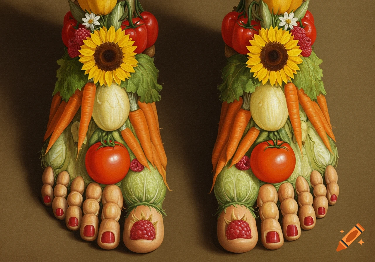 Painting of feet made from fruits, vegetables, and flowers in the style of Arcimboldo